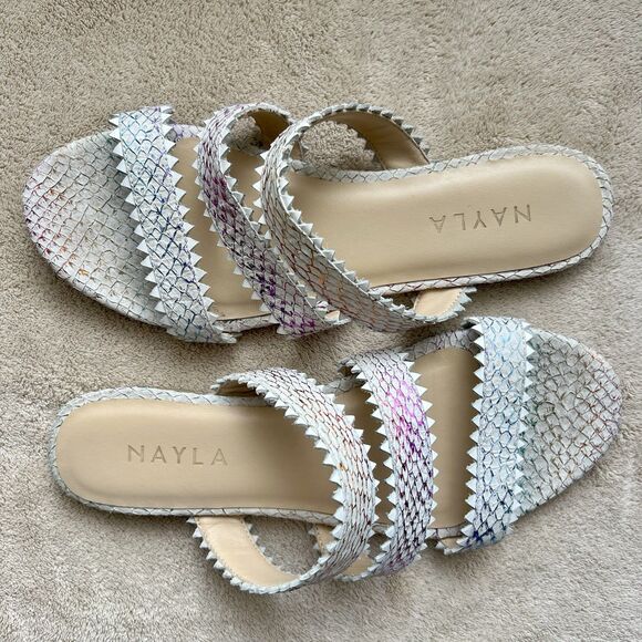 Nayla Clara Rainbow Fish Scales Slide Flat Sandals Women 7 Zig Zag Wide Straps - Picture 1 of 15